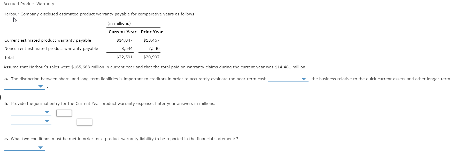 Accrued Product Warranty
Harbour Company disclosed estimated product warranty payable for comparative years as follows:
(in millions)
Current Year Prior Year
Current estimated product warranty payable
$14,047
$13,467
Noncurrent estimated product warranty payable
8,544
7,530
Total
$22,591
$20,997
Assume that Harbour's sales were $165,663 million in current Year and that the total paid on warranty claims during the current year was $14,481 million.
a. The distinction between short- and long-term liabilities is important to creditors in order to accurately evaluate the near-term cash
the business relative to the quick current assets and other longer-term
b. Provide the journal entry for the Current Year product warranty expense. Enter your answers in millions.
c. What two conditions must be met in order for a product warranty liability to be reported in the financial statements?
