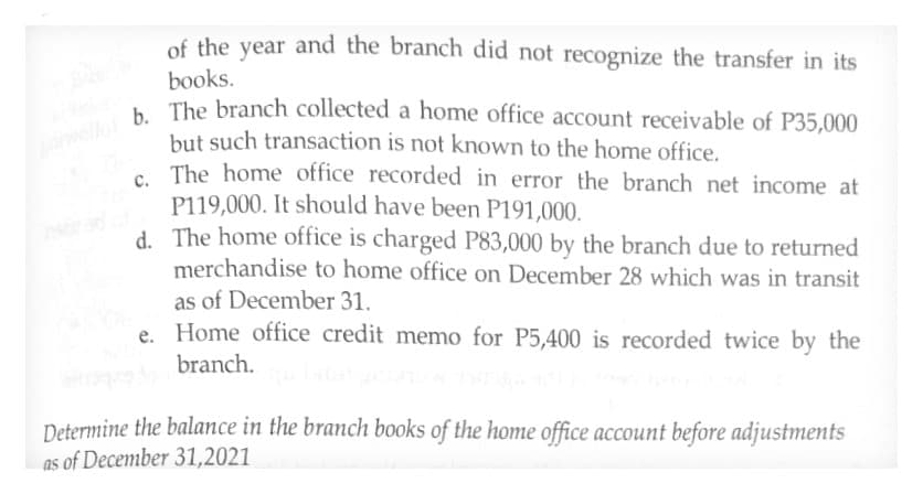 of the year and the branch did not recognize the transfer in its
books.
b. The branch collected a home office account receivable of P35,000
but such transaction is not known to the home office.
C.
c. The home office recorded in error the branch net income at
P119,000. It should have been P191,000.
d.
The home office is charged P83,000 by the branch due to returned
merchandise to home office on December 28 which was in transit
as of December 31.
e. Home office credit memo for P5,400 is recorded twice by the
branch.
Determine the balance in the branch books of the home office account before adjustments
as of December 31,2021