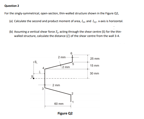 Question 2
For the singly-symmetrical, open-section, thin-walled structure shown in the Figure Q2,
(a) Calculate the second and product moment of area, Ix and Iy. X-axis is horizontal.
(b) Assuming a vertical shear force Sy acting through the shear centre (S) for the thin-
walled structure, calculate the distance (}) of the shear centre from the wall 3-4.
2 mm
25 mm
15 mm
2 mm
30 mm
2 mm
60 mm
Figure Q2
