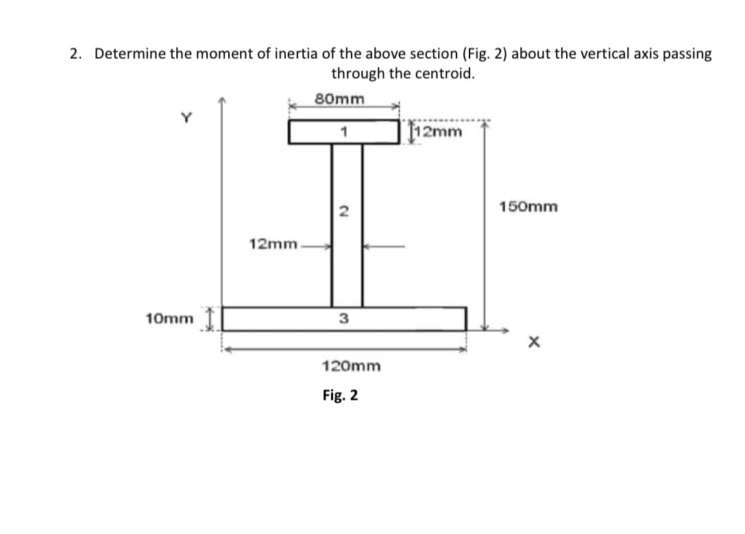 2. Determine the moment of inertia of the above section (Fig. 2) about the vertical axis passing
through the centroid.
80mm
1
112mm
150mm
12mm
10mm
3
120mm
Fig. 2
