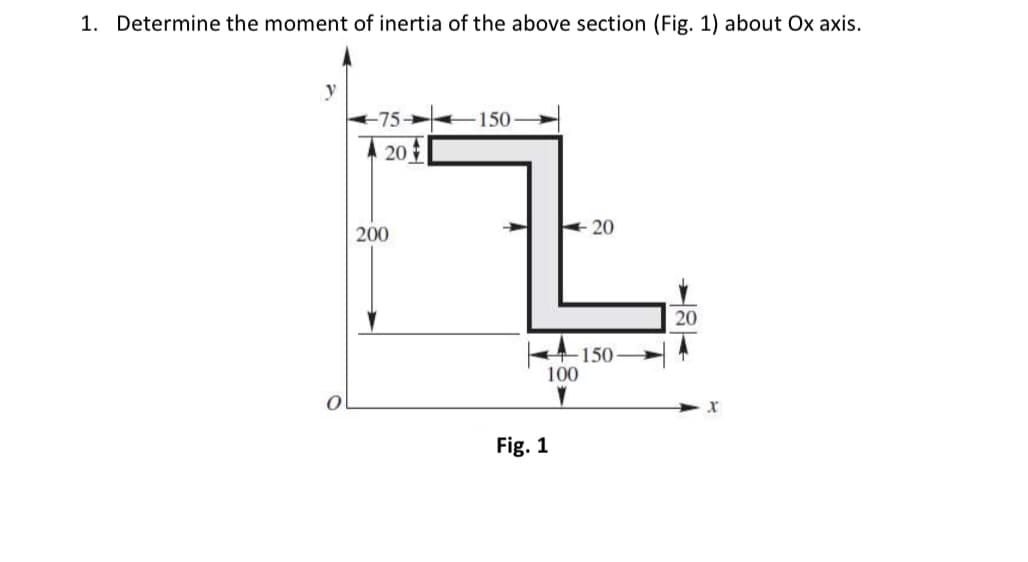 1. Determine the moment of inertia of the above section (Fig. 1) about Ox axis.
y
-75->
150
20
20
200
20
나150-
100
Fig. 1
