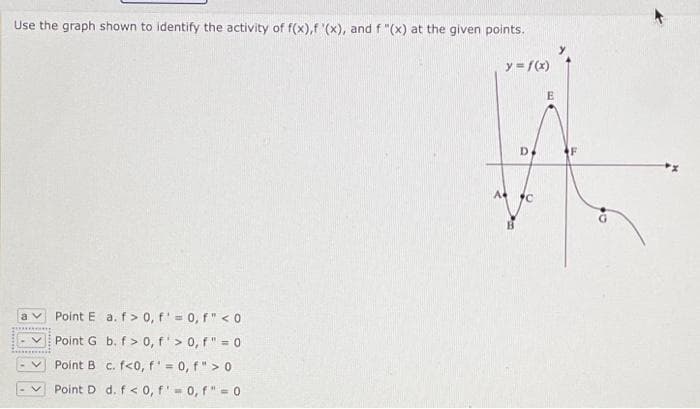 Use the graph shown to identify the activity of f(x),f '(x), and f "(x) at the given points.
av
V
Point E
Point G
a. f> 0, f = 0, f" <0
b. f> 0, f' > 0, f" = 0
Point B
c. f<0, f¹ = 0, f"> 0
Point D d. f< 0, f' = 0, f"=0
y = f(x)
D
E