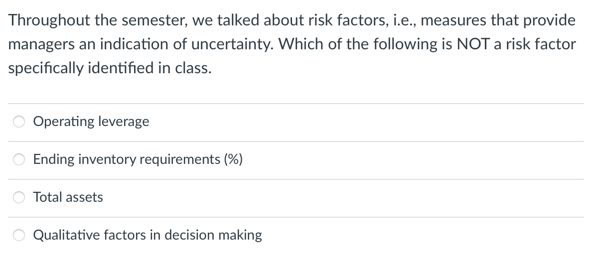 Throughout the semester, we talked about risk factors, i.e., measures that provide
managers an indication of uncertainty. Which of the following is NOT a risk factor
specifically identified in class.
Operating leverage
Ending inventory requirements (%)
Total assets
Qualitative factors in decision making

