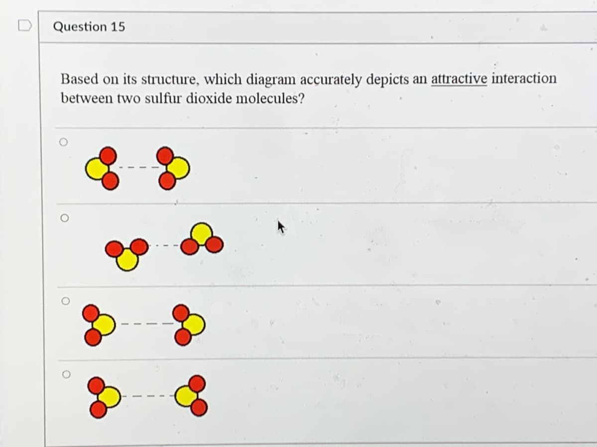 Question 15
Based on its structure, which diagram accurately depicts an attractive interaction
between two sulfur dioxide molecules?