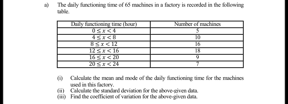 a)
The daily functioning time of 65 machines in a factory is recorded in the following
table.
Daily functioning time (hour)
0<x<4
4 <x < 8
8<x< 12
12 <x < 16
16 <x < 20
20 < x< 24
Number of machines
5
10
16
18
9.
7
Calculate the mean and mode of the daily functioning time for the machines
used in this factory.
(ii) Calculate the standard deviation for the above-given data.
(iii) Find the coefficient of variation for the above-given data.
(i)
