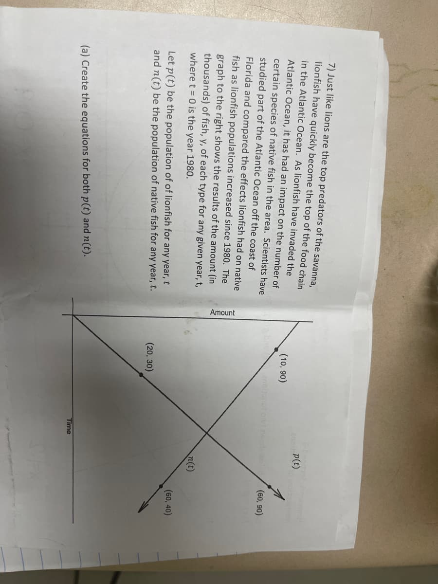 7) Just like lions are the top predators of the savanna,
lionfish have quickly become the top of the food chain
in the Atlantic Ocean. As lionfish have invaded the
Atlantic Ocean, it has had an impact on the number of
certain species of native fish in the area. Scientists have
studied part of the Atlantic Ocean off the coast of
Florida and compared the effects lionfish had on native
fish as lionfish populations increased since 1980. The
graph to the right shows the results of the amount (in
thousands) of fish, y, of each type for any given year, t,
where t = 0 is the year 1980.
Let p(t) be the population of of lionfish for any year, t
and n(t) be the population of native fish for any year, t.
(a) Create the equations for both p(t) and n(t).
Amount
(10,90)
brist anditonut out aworle wal
(20, 30)
A nodant wame)!
p(t)
10 2001 220212
Time
n(t)
(60,90)
(60,40)