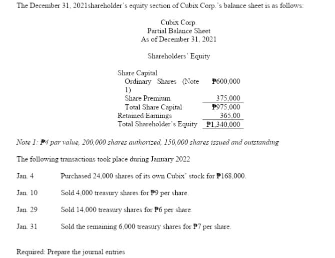 The December 31, 2021shareholder's equity section of Cubix Corp.'s balance sheet is as follows:
Cubix Corp.
Partial Balance Sheet
As of December 31, 2021
Shareholders Equity
Share Capital
Ordinary Shares (Note
1)
Share Premium
P600,000
375,000
P975,000
365,00
Total Shareholder's Equity P1.340,000
Total Share Capital
Retained Earnings
Note 1: P4 par value, 200,000 shares authorized, 150,000 shares issued and outstanding
The following transactions took place during January 2022
Jan 4
Purchased 24,000 shares of its own Cubix' stock for P168,000.
Jan. 10
Sold 4,000 treasury shares for P9 per share.
Jan. 29
Sold 14,000 treasury shares for P6 per share.
Jan 31
Sold the remaining 6,000 treasury shares for P7 per share.
Required: Prepare the journal entries
