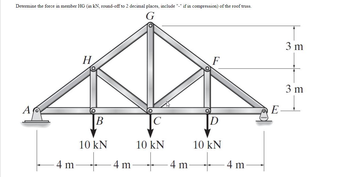 Determine the force in member HG (in kN, round-off to 2 decimal places, include "-" if in compression) of the roof truss.
3 m
F
Н,
3 m
E
A
D
B
C
10 kN
10 kN
10 kN
4 m
4 m
4 m
4 m
