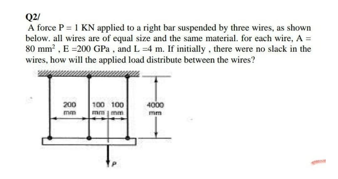 Q2/
A force P = 1 KN applied to a right bar suspended by three wires, as shown
below. all wires are of equal size and the same material. for each wire, A =
80 mm? , E =200 GPa , and L =4 m. If initially , there were no slack in the
wires, how will the applied load distribute between the wires?
200
100 100
4000
mm
mm mm
mm
