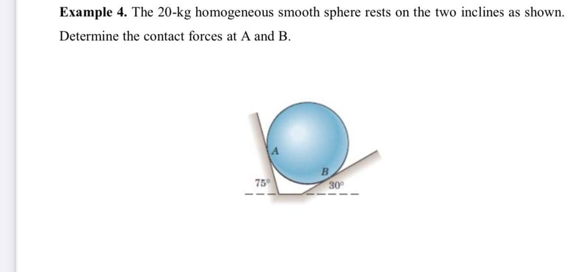 Example 4. The 20-kg homogeneous smooth sphere rests on the two inclines as shown.
Determine the contact forces at A and B.
B
75
30
