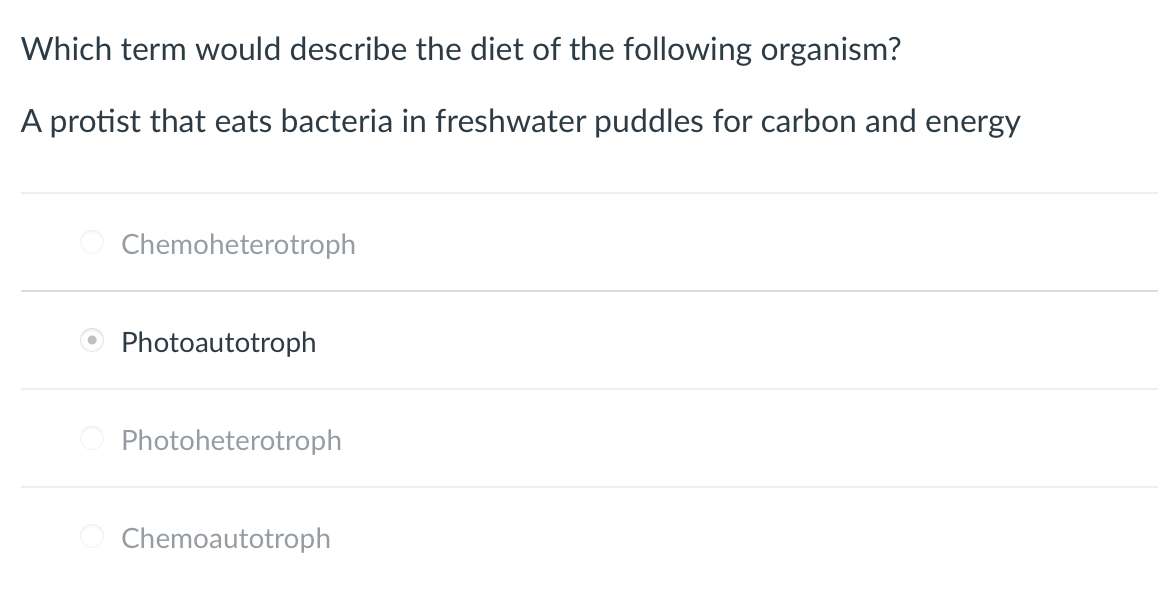 Which term would describe the diet of the following organism?
A protist that eats bacteria in freshwater puddles for carbon and energy
Chemoheterotroph
Photoautotroph
Photoheterotroph
Chemoautotroph
