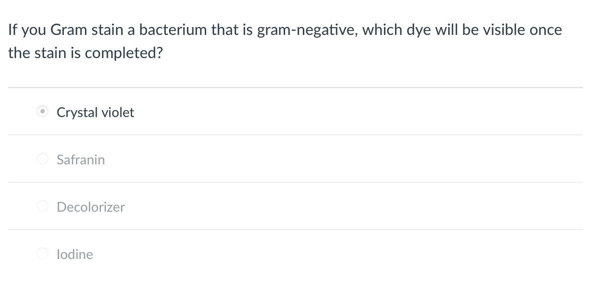 If you Gram stain a bacterium that is gram-negative, which dye will be visible once
the stain is completed?
Crystal violet
Safranin
Decolorizer
lodine
