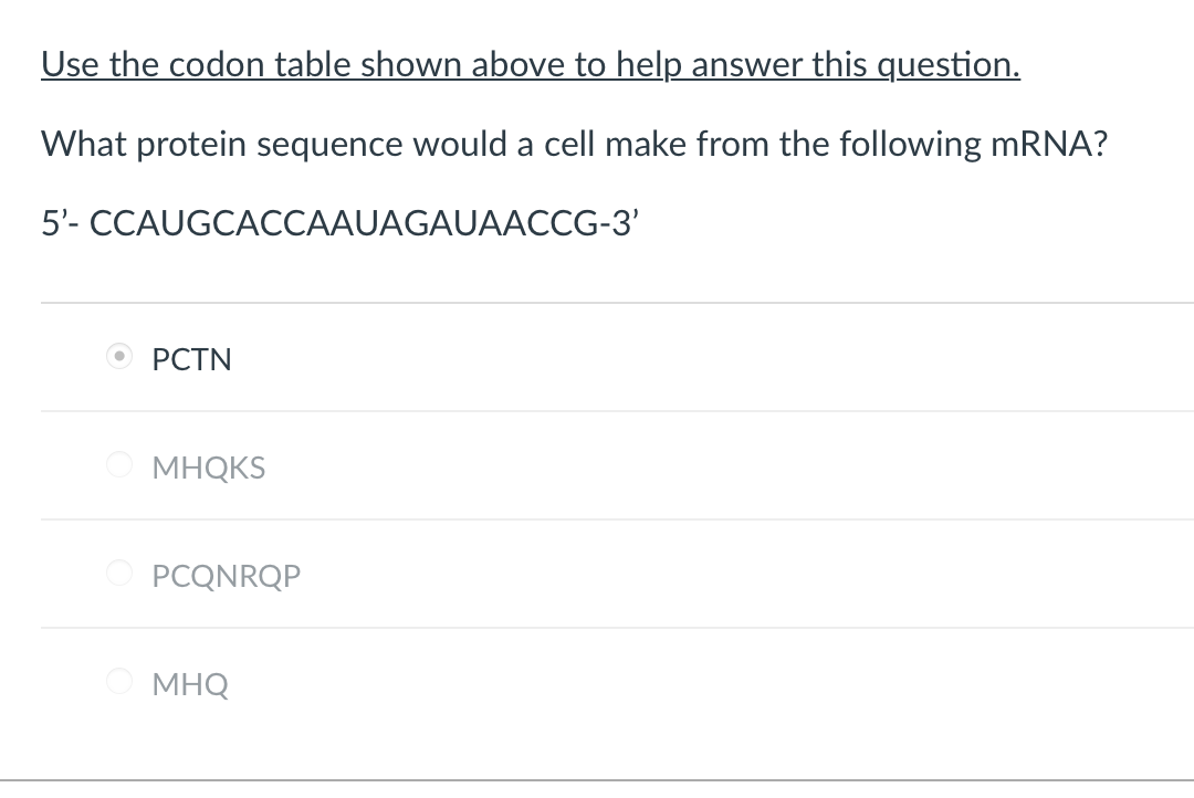 Use the codon table shown above to help answer this question.
What protein sequence would a cell make from the following MRNA?
5'- CCAUGCACCAAUAGAUAACCG-3'
РСTN
MHQKS
PCQNRQP
MHQ

