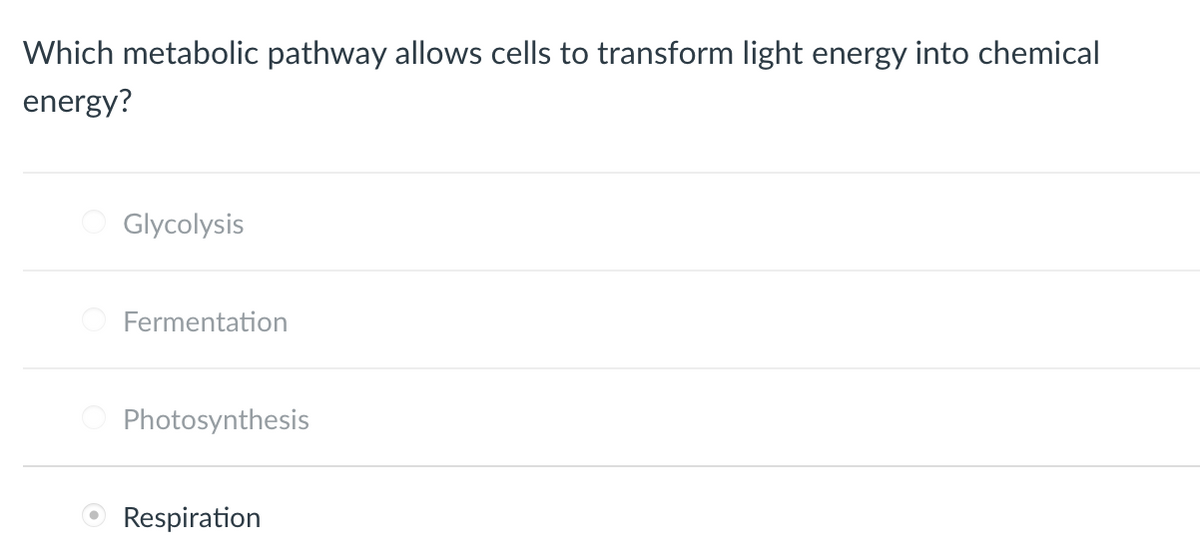 Which metabolic pathway allows cells to transform light energy into chemical
energy?
O Glycolysis
Fermentation
Photosynthesis
Respiration
