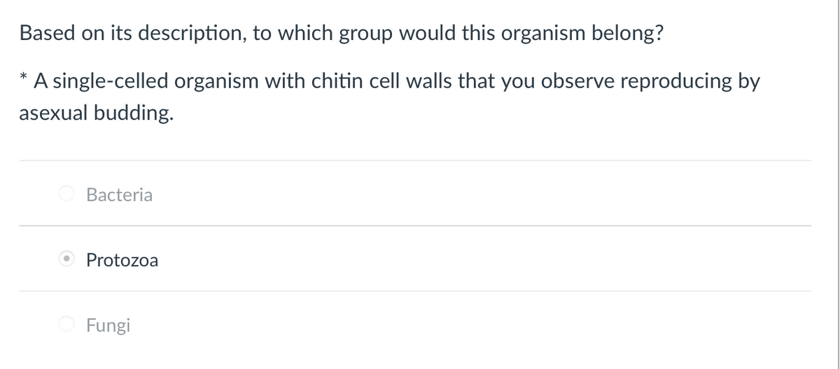 Based on its description, to which group would this organism belong?
A single-celled organism with chitin cell walls that you observe reproducing by
*
asexual budding.
Bacteria
Protozoa
Fungi
