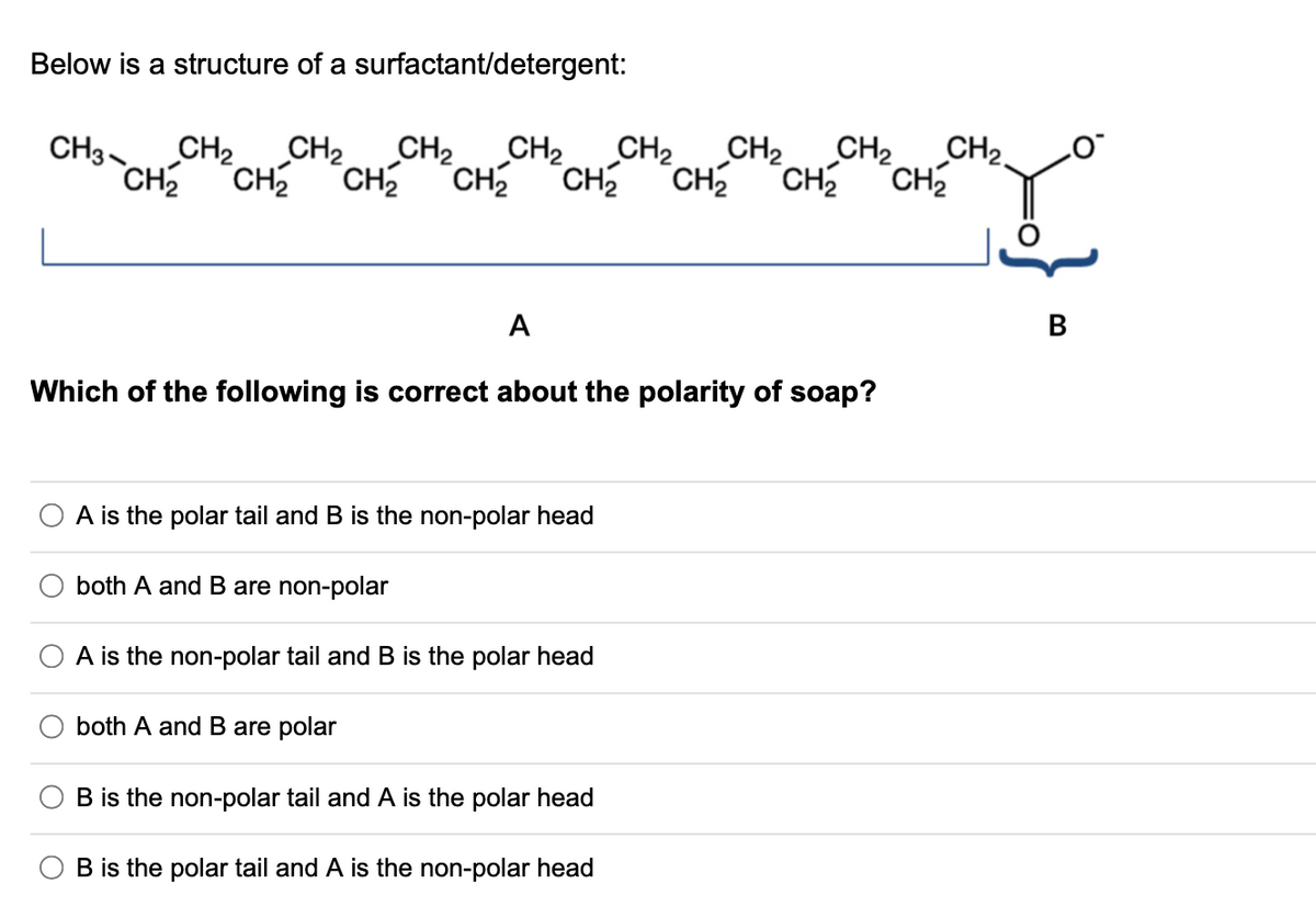 Below is a structure of a surfactant/detergent:
CH3-
CH2
CH2
CH2
CH2
CH2
CH2
CH2
CH2.
CH CH CH "CH "CH CH2
CH CH
A
B
Which of the following is correct about the polarity of soap?
A is the polar tail and B is the non-polar head
both A and B are non-polar
A is the non-polar tail and B is the polar head
both A and B are polar
B is the non-polar tail and A is the polar head
B is the polar tail and A is the non-polar head
