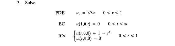 3. Solve
PDE
BC
ICS
kho = V2u
u(1,0,1)
0
u(r,0,0)=1p2
u(r,0,0) = 0
0 <r < 1
0 <t<∞
0 ≤r≤1