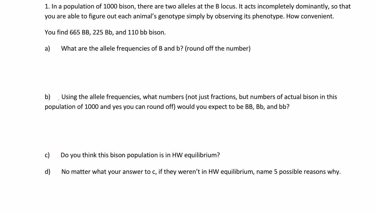 1. In a population of 1000 bison, there are two alleles at the B locus. It acts incompletely dominantly, so that
you are able to figure out each animal's genotype simply by observing its phenotype. How convenient.
You find 665 BB, 225 Bb, and 110 bb bison.
a)
What are the allele frequencies of B and b? (round off the number)
b)
Using the allele frequencies, what numbers (not just fractions, but numbers of actual bison in this
population of 1000 and yes you can round off) would you expect to be BB, Bb, and bb?
c)
Do you think this bison population is in HW equilibrium?
d)
No matter what your answer to c, if they weren't in HW equilibrium, name 5 possible reasons why.
