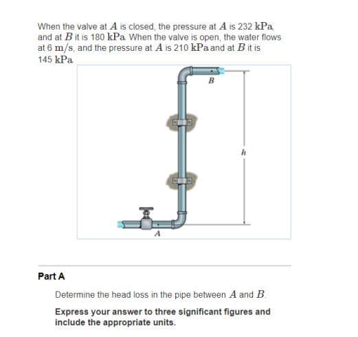 When the valve at A is closed, the pressure at A is 232 kPa
and at B it is 180 kPa When the valve is open, the water flows
at 6 m/s, and the pressure at A is 210 kPa and at B it is
145 kPa
B
Part A
Determine the head loss in the pipe between A and B.
Express your answer to three significant figures and
include the appropriate units.
