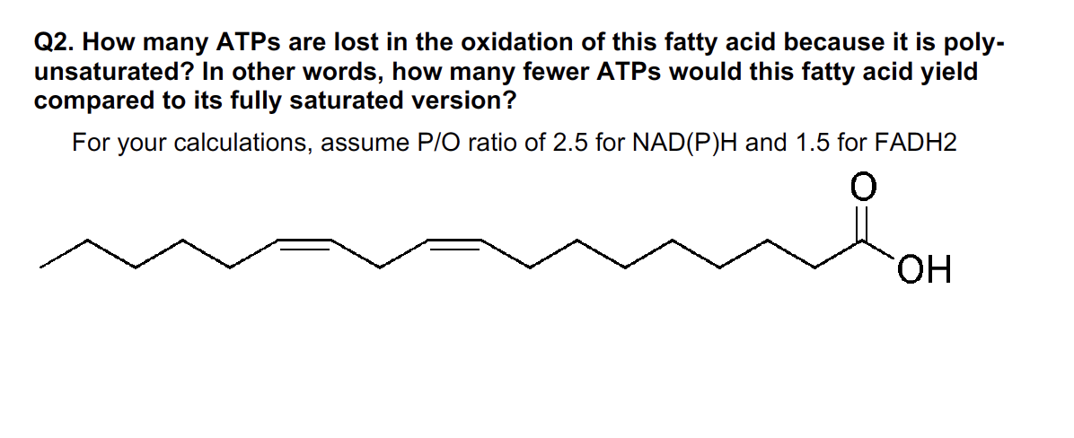 Q2. How many ATPs are lost in the oxidation of this fatty acid because it is poly-
unsaturated? In other words, how many fewer ATPs would this fatty acid yield
compared to its fully saturated version?
For your calculations, assume P/O ratio of 2.5 for NAD(P)H and 1.5 for FADH2
OH