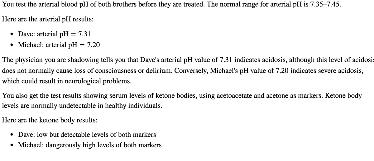 You test the arterial blood pH of both brothers before they are treated. The normal range for arterial pH is 7.35-7.45.
Here are the arterial pH results:
• Dave: arterial pH = 7.31
• Michael: arterial pH = 7.20
The physician you are shadowing tells you that Dave's arterial pH value of 7.31 indicates acidosis, although this level of acidosis
does not normally cause loss of consciousness or delirium. Conversely, Michael's pH value of 7.20 indicates severe acidosis,
which could result in neurological problems.
You also get the test results showing serum levels of ketone bodies, using acetoacetate and acetone as markers. Ketone body
levels are normally undetectable in healthy individuals.
Here are the ketone body results:
• Dave: low but detectable levels of both markers
• Michael: dangerously high levels of both markers
