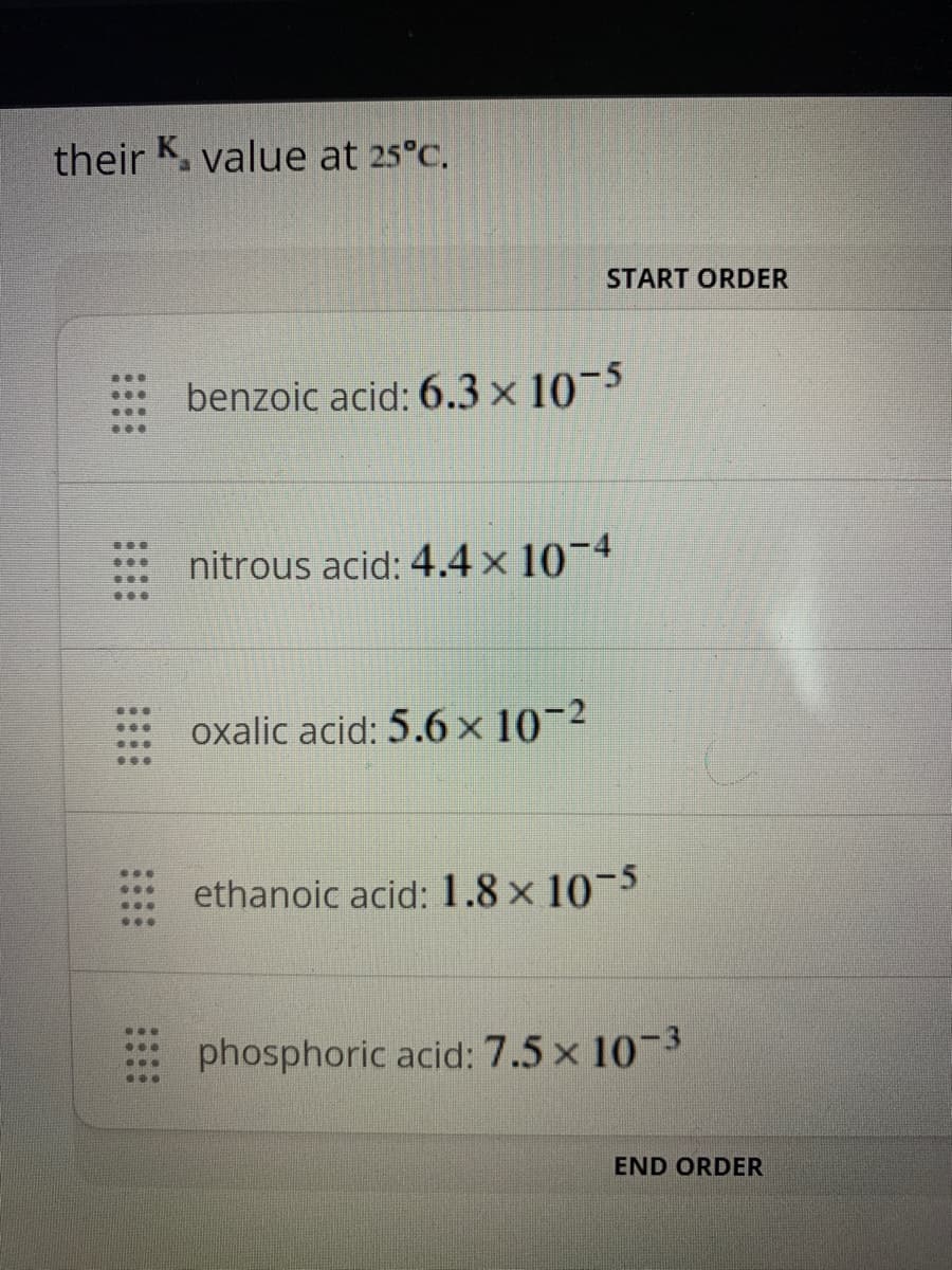 their K. value at 25°C.
START ORDER
benzoic acid: 6.3 x 10-5
nitrous acid: 4.4 × 10¬4
oxalic acid: 5.6 x 10-2
ethanoic acid: 1.8 x 10-5
phosphoric acid: 7.5 x 10-3
..
END ORDER
