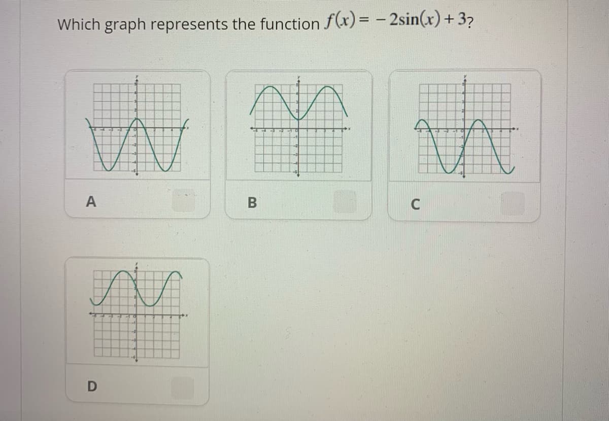 Which graph represents the function f(x) = - 2sin(x) + 3?
A
C

