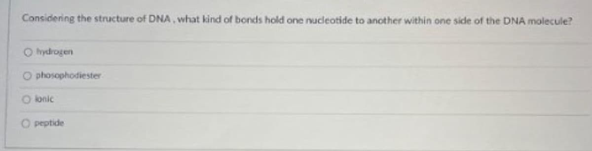 Considening the structure of DNA, what kind of bonds hold one nucleotide to another within one side of the DNA molecule?
O hydrogen
O phosophodiester
O lonic
peptide
