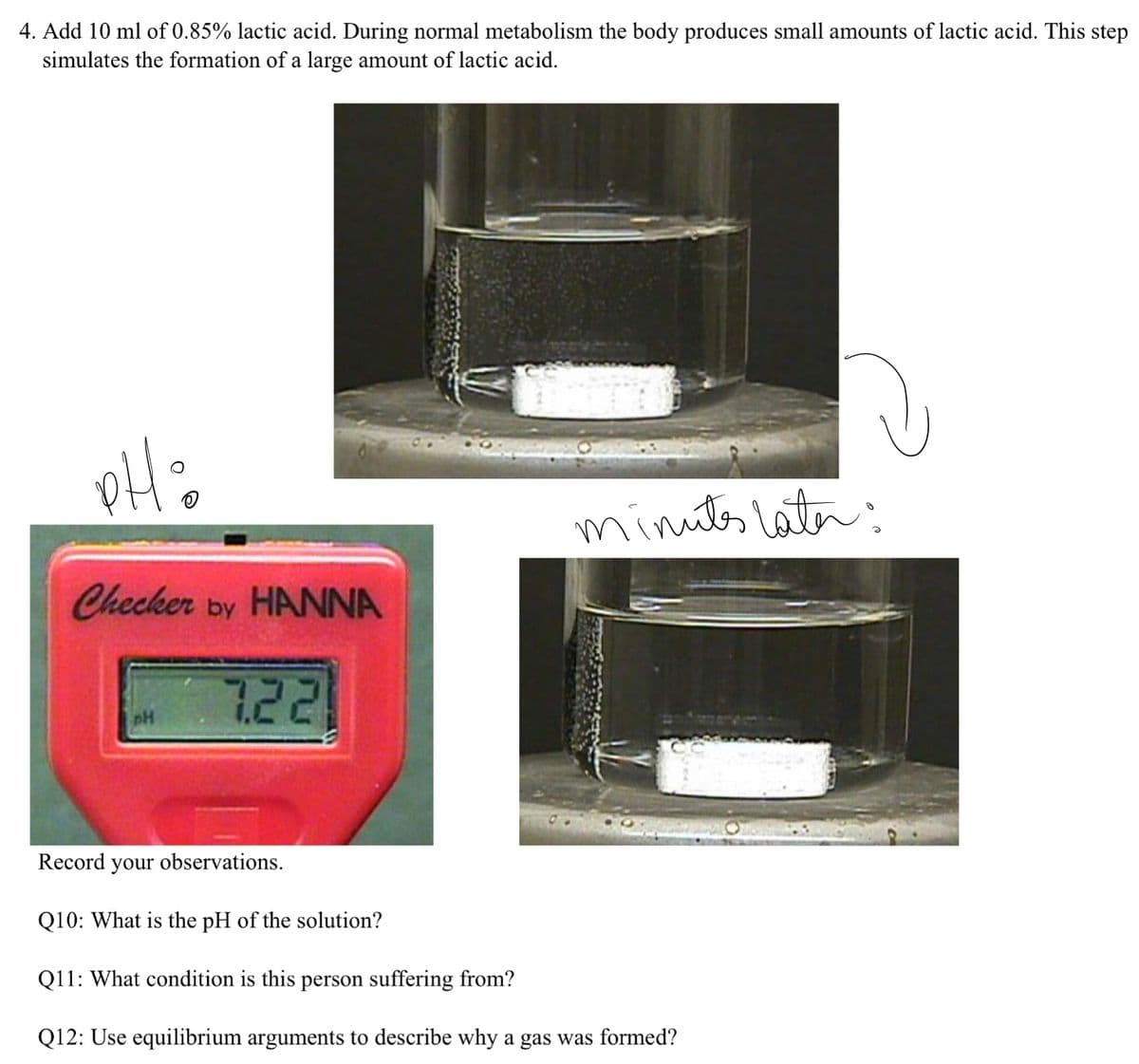 4. Add 10 ml of 0.85% lactic acid. During normal metabolism the body produces small amounts of lactic acid. This step
simulates the formation of a large amount of lactic acid.
minits latr:
Checker by HANNA
7.22
pH
Record your observations.
Q10: What is the pH of the solution?
Q11: What condition is this person suffering from?
Q12: Use equilibrium arguments to describe why a gas was formed?
