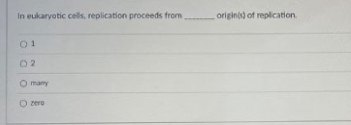 In eukaryotic cells, replication proceeds from
origin(s) of replication.
01
0 2
O many
O zero
