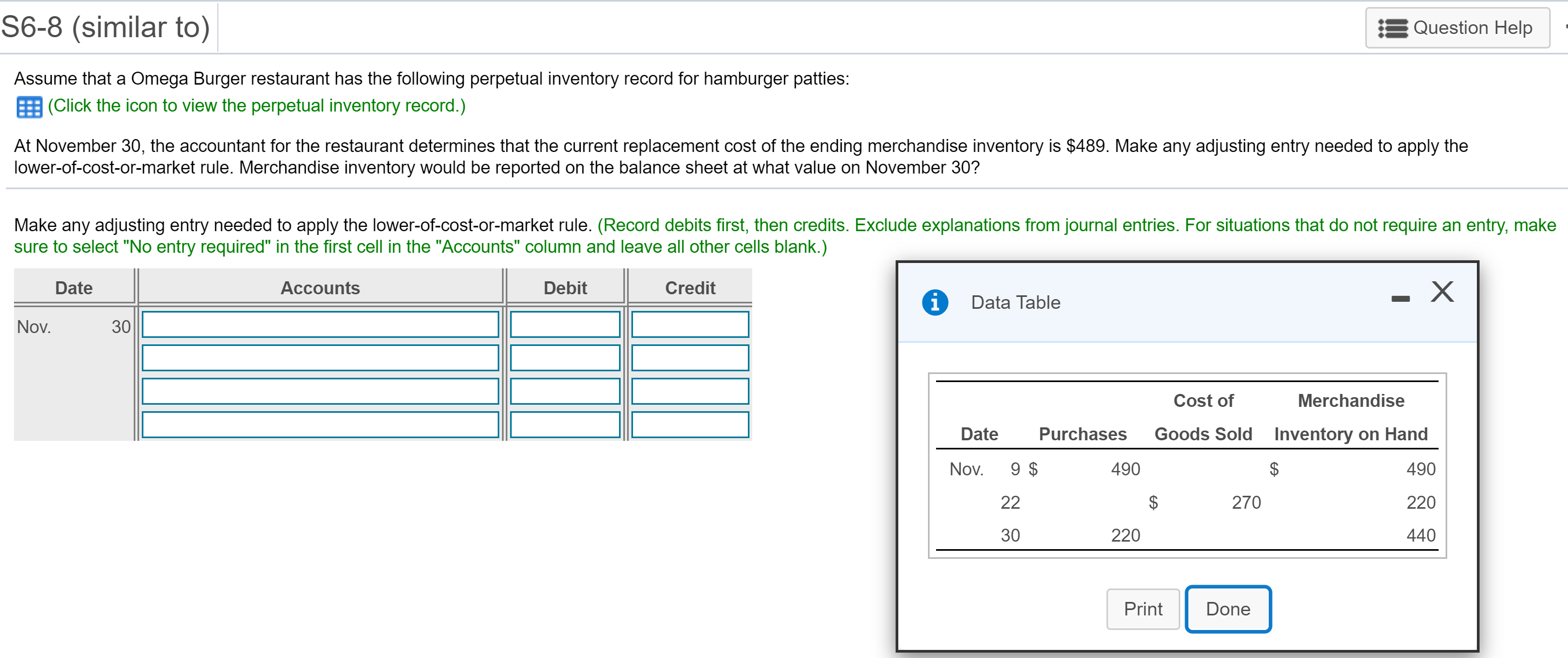 S6-8 (similar to)
Question Help
Assume that a Omega Burger restaurant has the following perpetual inventory record for hamburger patties:
(Click the icon to view the perpetual inventory record.)
At November 30, the accountant for the restaurant determines that the current replacement cost of the ending merchandise inventory is $489. Make any adjusting entry needed to apply the
lower-of-cost-or-market rule. Merchandise inventory would be reported on the balance sheet at what value on November 30?
Make any adjusting entry needed to apply the lower-of-cost-or-market rule. (Record debits first, then credits. Exclude explanations from journal entries. For situations that do not require an entry, make
sure to select "No entry required" in the first cell in the "Accounts" column and leave all other cells blank.)
Date
Accounts
Debit
Credit
i
Data Table
Nov.
30
Cost of
Merchandise
Date
Purchases
Goods Sold Inventory on Hand
Nov.
9 $
490
$
490
22
$
270
220
30
220
440
Print
Done
