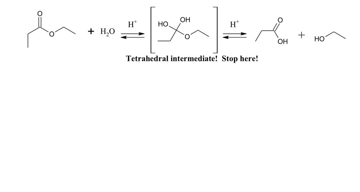 ОН
H*
+ H,0
НО.
H*
ОН
HO
Tetrahedral intermediate! Stop here!
