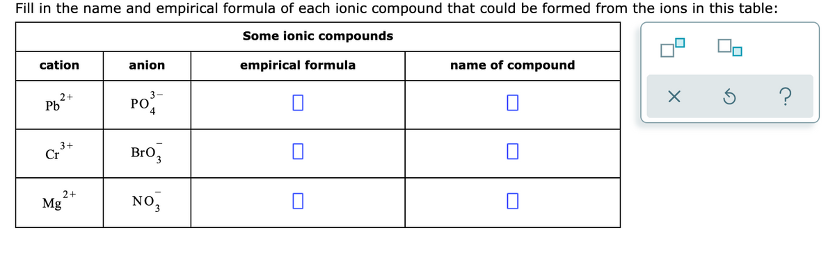 Fill in the name and empirical formula of each ionic compound that could be formed from the ions in this table:
Some ionic compounds
name of compound
anion
empirical formula
cation
2+
Pb
po
Cr
3+
BrO3
2+
Mg
NO,
