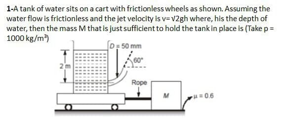 1-A tank of water sits on a cart with frictionless wheels as shown. Assuming the
water flow is frictionless and the jet velocity is v= √2gh where, his the depth of
water, then the mass M that is just sufficient to hold the tank in place is (Take p =
1000 kg/m³)
D=50 mm
60°
2m
Rope
H=0.6
M