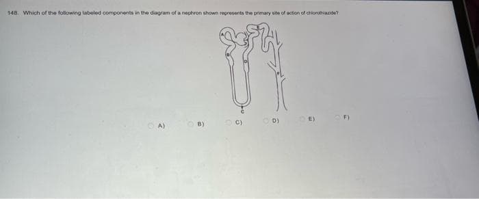 148. Which of the following labeled components in the diagram of a nephron shown represents the primary site of action of chlorothiazide?
11
F)
C)
D)
E)
