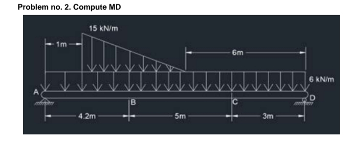 Problem no. 2. Compute MD
1m
15 kN/m
4.2m
-6m
podupin
B
-5m
3m
6 kN/m
D
mm