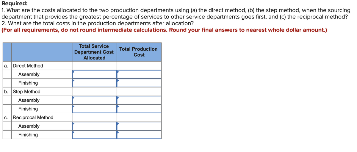 Required:
1. What are the costs allocated to the two production departments using (a) the direct method, (b) the step method, when the sourcing
department that provides the greatest percentage of services to other service departments goes first, and (c) the reciprocal method?
2. What are the total costs in the production departments after allocation?
(For all requirements, do not round intermediate calculations. Round your final answers to nearest whole dollar amount.)
a. Direct Method
Assembly
Finishing
b. Step Method
Assembly
Finishing
c. Reciprocal Method
Assembly
Finishing
Total Service
Department Cost
Allocated
Total Production
Cost