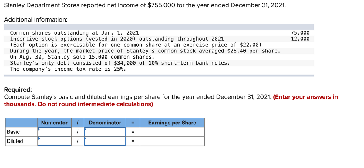 Stanley Department Stores reported net income of $755,000 for the year ended December 31, 2021.
Additional Information:
Common shares outstanding at Jan. 1, 2021
Incentive stock options (vested in 2020) outstanding throughout 2021
(Each option is exercisable for one common share at an exercise price of $22.00)
During the year, the market price of Stanley's common stock averaged $26.40 per share.
On Aug. 30, Stanley sold 15,000 common shares.
Stanley's only debt consisted of $34,000 of 10% short-term bank notes.
The company's income tax rate is 25%.
Required:
Compute Stanley's basic and diluted earnings per share for the year ended December 31, 2021. (Enter your answers in
thousands. Do not round intermediate calculations)
Basic
Diluted
Numerator I
1
1
Denominator
=
=
75,000
12,000
Earnings per Share