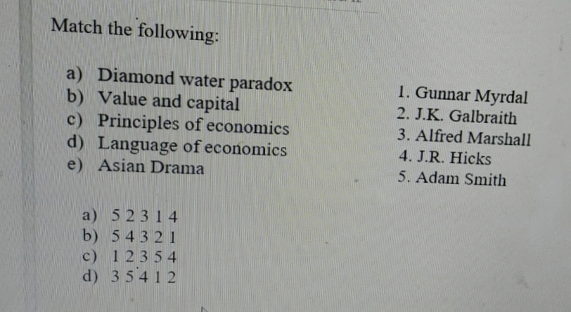Match the following:
a) Diamond water paradox
b) Value and capital
c) Principles of economics
d) Language of economics
e) Asian Drama
1. Gunnar Myrdal
2. J.K. Galbraith
3. Alfred Marshall
4. J.R. Hicks
5. Adam Smith
a) 52314
b) 54321
c) 12354
d) 3 5412
