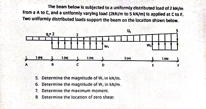 The beam below is subjected to a uniformly distributed load of 2 kN/m
from a A to C, and a uniformly varying load (2kN/m to 5 kN/m) is applied at C to F.
Two uniformly distributed loads support the beam on the location shown below.
U,
9-2
w,
1 (m)
1 (
2 (m)
1 (m)
D
5. Determine the magnitude of W; in kN/m.
6. Determine the magnitude of W, in kN/m.
7, Determine the maximum moment.
B. Determine the location of zero shear.
