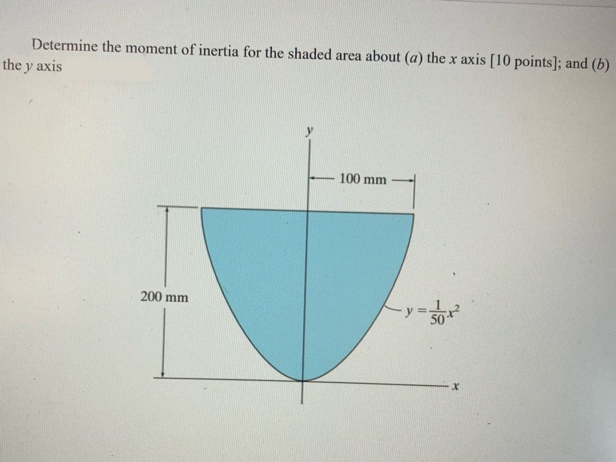 Determine the moment of inertia for the shaded area about (a) the x axis [10 points]; and (b)
the y axis
100 mm
200 mm
