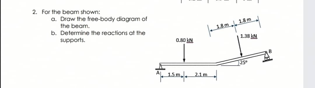 For the beam shown:
a. Draw the free-body diagram of
1.8 m 1.8 m
1.38 kN
the beam.
b. Determine the reactions at the
supports.
0.80 kN
25°
1.5 m.
2.1 m
