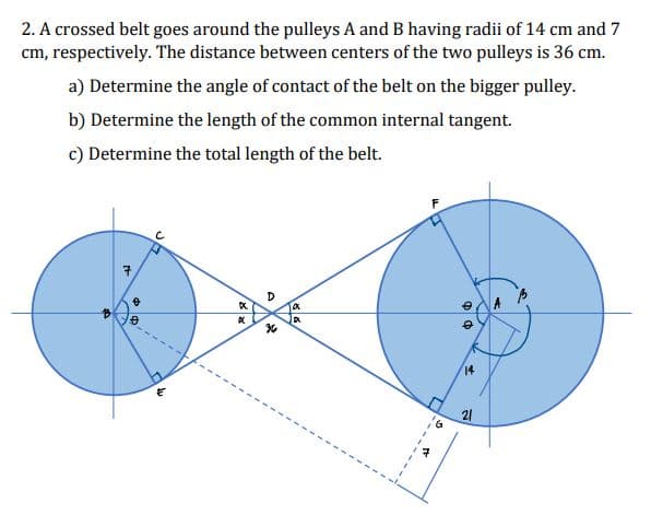 2. A crossed belt goes around the pulleys A and B having radii of 14 cm and 7
cm, respectively. The distance between centers of the two pulleys is 36 cm.
b) Determine the length of the common internal tangent.
c) Determine the total length of the belt.
a) Determine the angle of contact of the belt on the bigger pulley.
------
14
21
-----
----
