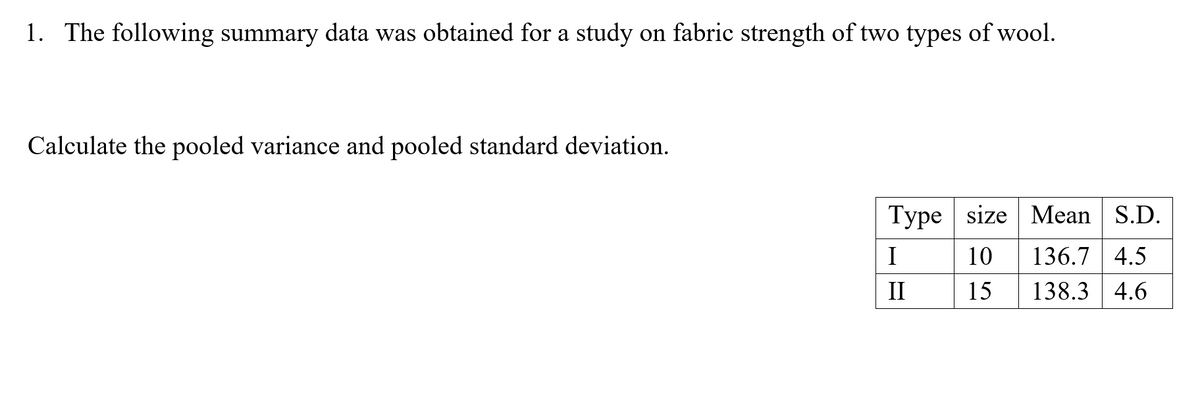 1. The following summary data was obtained for a study on fabric strength of two types of wool.
Calculate the pooled variance and pooled standard deviation.
Type size Mean S.D.
I
10
136.7 4.5
II
15
138.3 | 4.6
