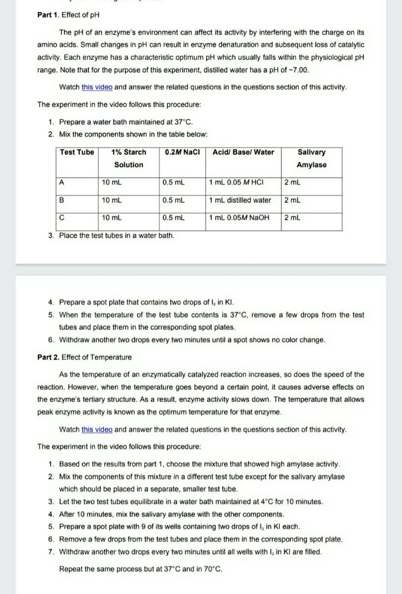 Part 1. Effect of pH
The pH of an enzyme's environment can affect its activity by interfering with the charge on its
amino acids. Small changes in pH can result in enzyme denaturation and subsequent loss of catalytic
activity. Each enzyme has a characteristic optimum pH which usually falls within the physiological pH
range. Note that for the purpose of this experiment, distilled water has a pH of -7.00.
Watch this video and answer the related questions in the questions section of this activity.
The experiment in the video follows this procedure:
1. Prepare a water bath maintained at 37°C.
2. Mix the components shown in the table below:
Test Tube
1% Starch
0.2M Naci
Acid/ Base/ Water
Salivary
Solution
Amylase
A
10 mL
0.5 mL
1 mL 0.05 M HCI
2 mL
B
10 mL
0.5 mL
1 mL distilled water
2 mL
10 mL
0.5 mL
1 mL 0.05M NaOH
2 mL
3. Place the test tubes in a water bath.
4. Prepare a spot plate that contains two drops of I, in KI.
5. When the temperature of the test tube contents is 37°C, remove a few drops from the test
tubes and place them in the corresponding spot plates.
6. Withdraw another two drops every two minutes until a spot shows no color change.
Part 2. Effect of Temperature
As the temperature of an enzymatically catalyzed reaction increases, so does the speed of the
reaction. However, when the temperature goes beyond a certain point, it causes adverse effects on
the enzyme's tertiary structure. As a result, enzyme activity slows down. The temperature that allows
peak enzyme activity is known as the optimum temperature for that enzyme.
Watch this video and answer the related questions in the questions section of this activity.
The experiment in the video follows this procedure:
1. Based on the results from part 1, choose the mixture that showed high amylase activity.
2. Mix the components of this mixture in a different test tube except for the salivary amylase
which should be placed in a separate, smaller test tube.
3. Let the two test tubes equilibrate in a water bath maintained at 4°C for 10 minutes.
4. After 10 minutes, mix the salivary amylase with the other components.
5. Prepare a spot plate with 9 of its wells containing two drops of I, in Kl each.
6. Remove a few drops from the test tubes and place them in the corresponding spot plate.
7. Withdraw another two drops every two minutes until all wells with I, in Kl are filled.
Repeat the same process but at 37°C and in 70°C.
