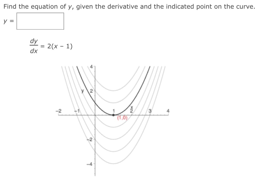 Find the equation of y, given the derivative and the indicated point on the curve.
y =
dy
2(x - 1)
dx
y \2
3
(1,0),
-4
2)
