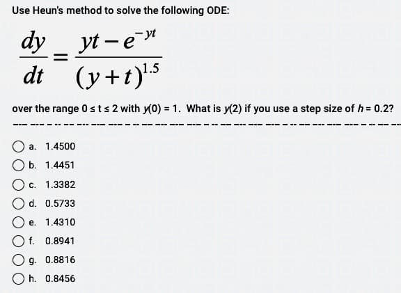 Use Heun's method to solve the following ODE:
yt-e-yt
dy
dt
(y+t)¹.5
over the range 0 st s 2 with y(0) = 1. What is y(2) if you use a step size of h = 0.2?
O a. 1.4500
b. 1.4451
O c. 1.3382
O d. 0.5733
e. 1.4310
f. 0.8941
Og. 0.8816
h. 0.8456