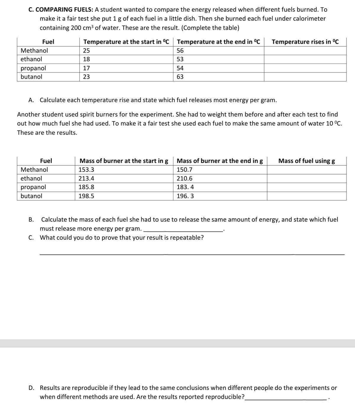 C. COMPARING FUELS: A student wanted to compare the energy released when different fuels burned. To
make it a fair test she put 1 g of each fuel in a little dish. Then she burned each fuel under calorimeter
containing 200 cm³ of water. These are the result. (Complete the table)
Fuel
Temperature rises in °C
Temperature at the start in °C Temperature at the end in °C
25
Methanol
56
ethanol
18
53
propanol
17
54
butanol
23
63
A. Calculate each temperature rise and state which fuel releases most energy per gram.
Another student used spirit burners for the experiment. She had to weight them before and after each test to find
out how much fuel she had used. To make it a fair test she used each fuel to make the same amount of water 10 °C.
These are the results.
Fuel
Mass of fuel using g
Mass of burner at the start in g
153.3
Mass of burner at the end in g
150.7
Methanol
ethanol
213.4
210.6
propanol
185.8
183.4
butanol
198.5
196.3
B.
Calculate the mass of each fuel she had to use to release the same amount of energy, and state which fuel
must release more energy per gram.
C. What could you do to prove that your result is repeatable?
D. Results are reproducible if they lead to the same conclusions when different people do the experiments or
when different methods are used. Are the results reported reproducible?_