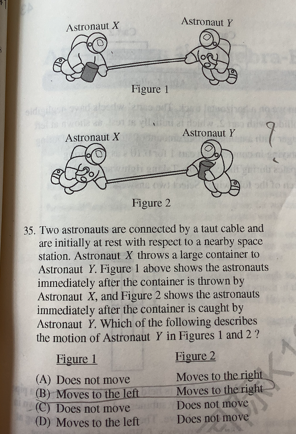 Astronaut Y
Astronaut X
Figure 1
Astronaut Y
Astronaut X
ti
Figure 2
35. Two astronauts are connected by a taut cable and
are initially at rest with respect to a nearby space
station. Astronaut X throws a large container to
Astronaut Y. Figure 1 above shows the astronauts
immediately after the container is thrown by
Astronaut X, and Figure 2 shows the astronauts
immediately after the container is caught by
Astronaut Y. Which of the following describes
the motion of Astronaut Y in Figures 1 and 2?
Figure 1
Figure 2
Moves to the right
Moves to the right
(A) Does not move
(B) Moves to the left
(C) Does not move
(D) Moves to the left
Does not move
Does not move
