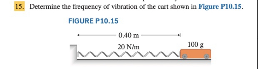 15. Determine the frequency of vibration of the cart shown in Figure P10.15.
FIGURE P10.15
0.40 m
20 N/m
100 g